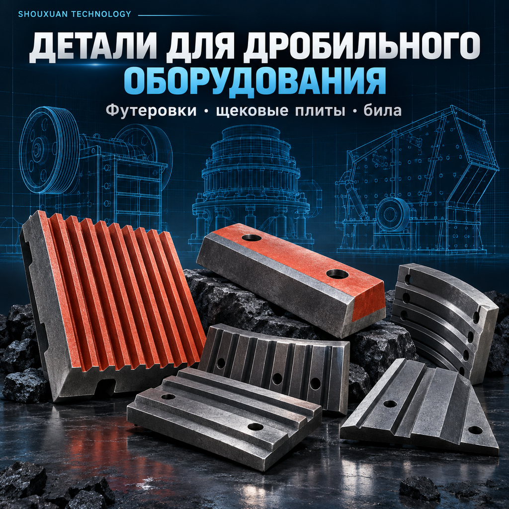 Износостойкие детали дробилок: футеровки, щековые плиты и била Mn13Cr2 / Mn18Cr2 / Cr26