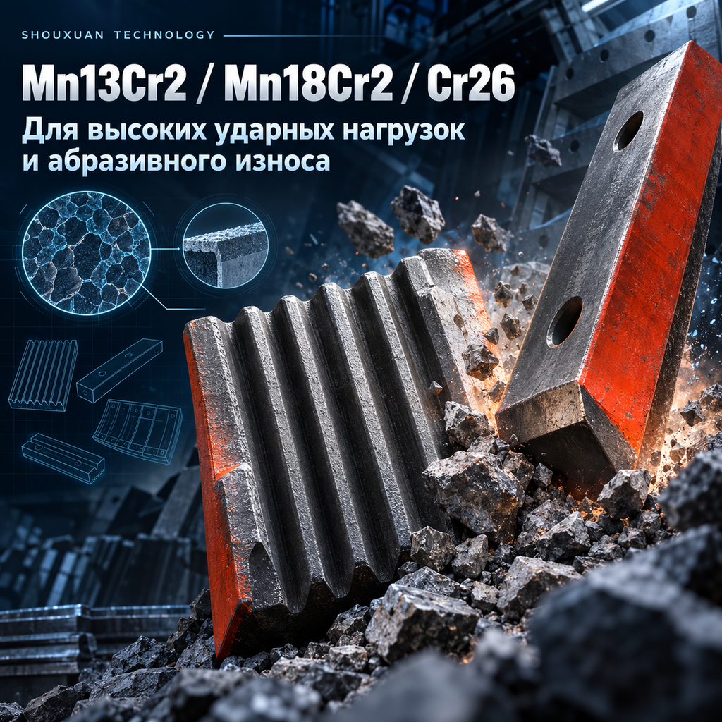 Износостойкие детали дробилок: футеровки, щековые плиты и била Mn13Cr2 / Mn18Cr2 / Cr26