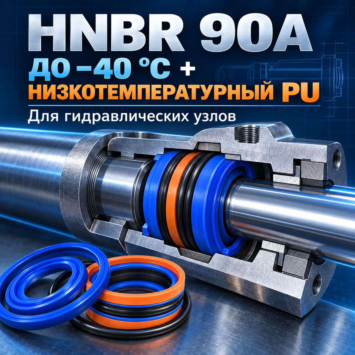 Низкотемпературный комплект уплотнений гидроцилиндра HNBR 90A и PU