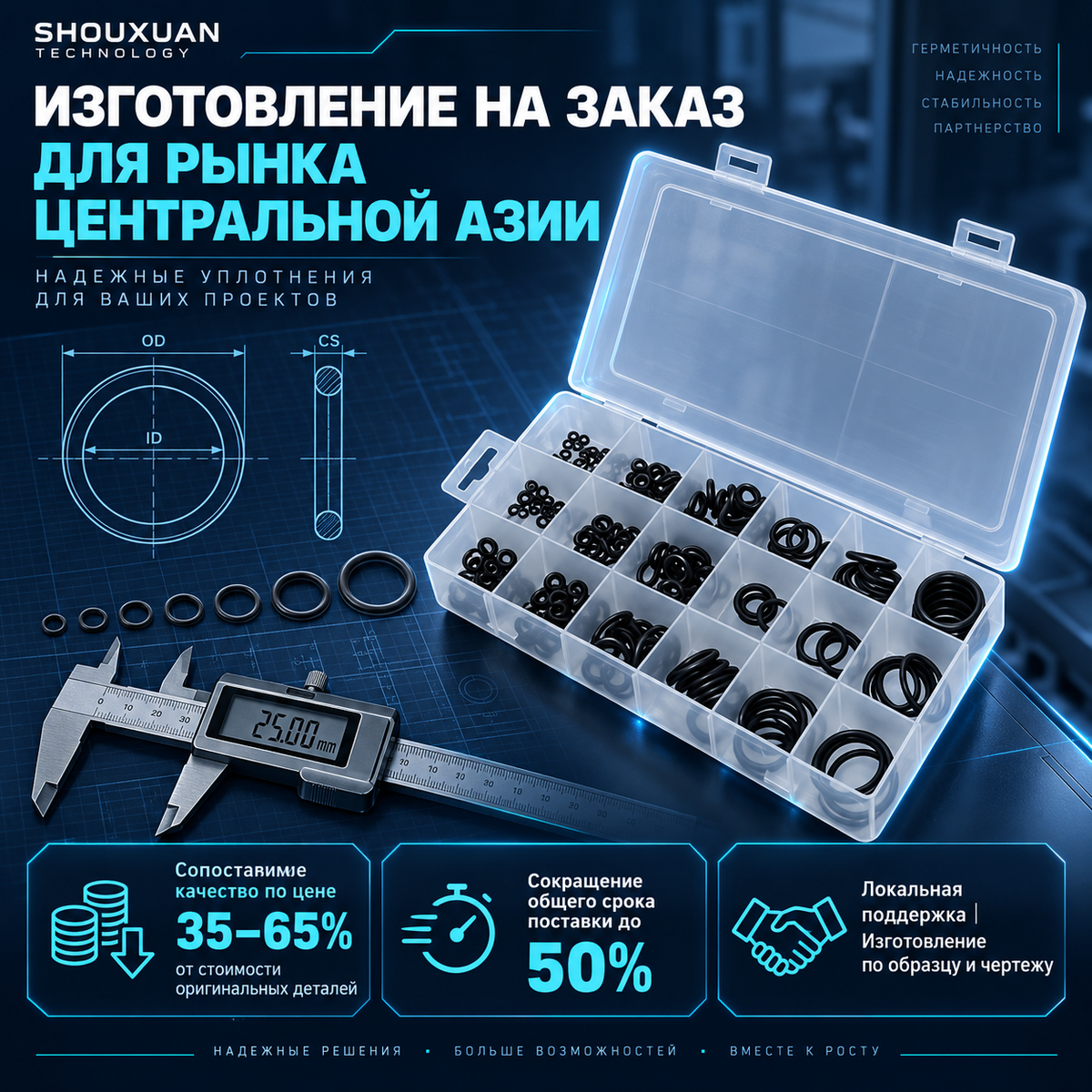 O-ring set, NBR 70A, -30～+120 °C, oil and sulfur-containing media resistant, for drilling pumps, fracking units, workover rigs and excavators, custom-made