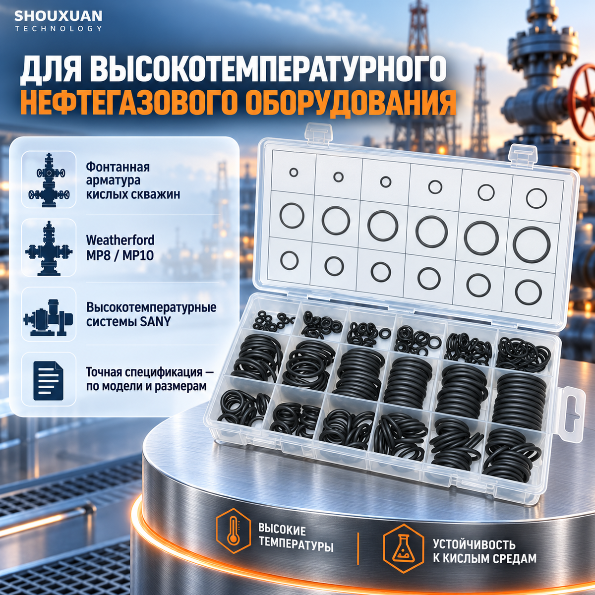 FKM 75A O-ring kit, -15~+250°C, acid- and high-temperature-resistant, for sour wellhead equipment, Weatherford MP8/MP10 and SANY high-temperature systems, custom manufacturing