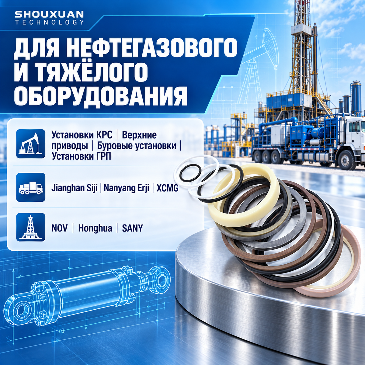 Standard hydraulic cylinder seal kit, PTFE + NBR, Glide-ring / Stepsil seals, for high-pressure hydraulic cylinders, repair rigs, top drives, drilling rigs and fracking rigs, custom manufacturing