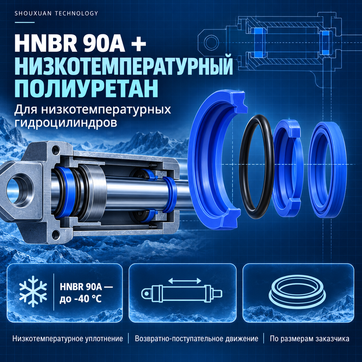 Hydraulic cylinder seal kit for extremely low temperatures, HNBR 90A down to -40 °C + low-temperature polyurethane, for NOV / SANY drilling rigs, workover rigs, and fracturing units, custom manufacturing