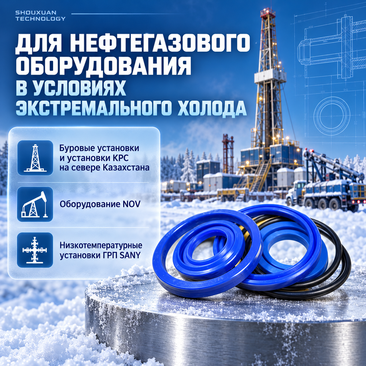 Hydraulic cylinder seal kit for extremely low temperatures, HNBR 90A down to -40 °C + low-temperature polyurethane, for NOV / SANY drilling rigs, workover rigs, and fracturing units, custom manufacturing