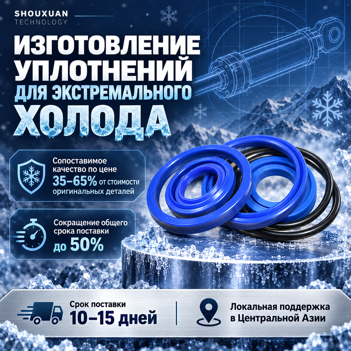 Hydraulic cylinder seal kit for extremely low temperatures, HNBR 90A down to -40 °C + low-temperature polyurethane, for NOV / SANY drilling rigs, workover rigs, and fracturing units, custom manufacturing