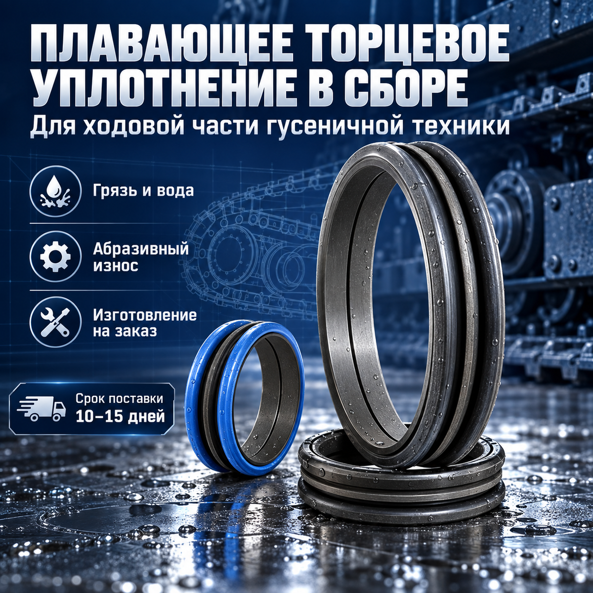 Floating face seal assembly, high chrome cast iron / tungsten carbide, FKM/FMVQ, for abrasive conditions in mud and water, CAT D6-D9, Komatsu D65/D85/D155, custom made