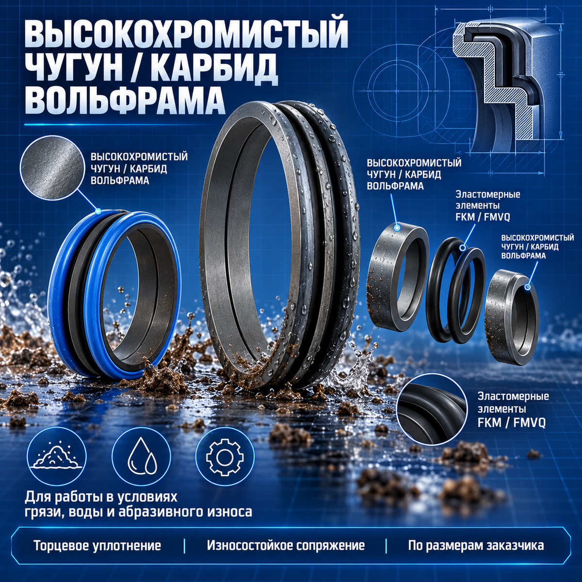 Floating face seal assembly, high chrome cast iron / tungsten carbide, FKM/FMVQ, for abrasive conditions in mud and water, CAT D6-D9, Komatsu D65/D85/D155, custom made