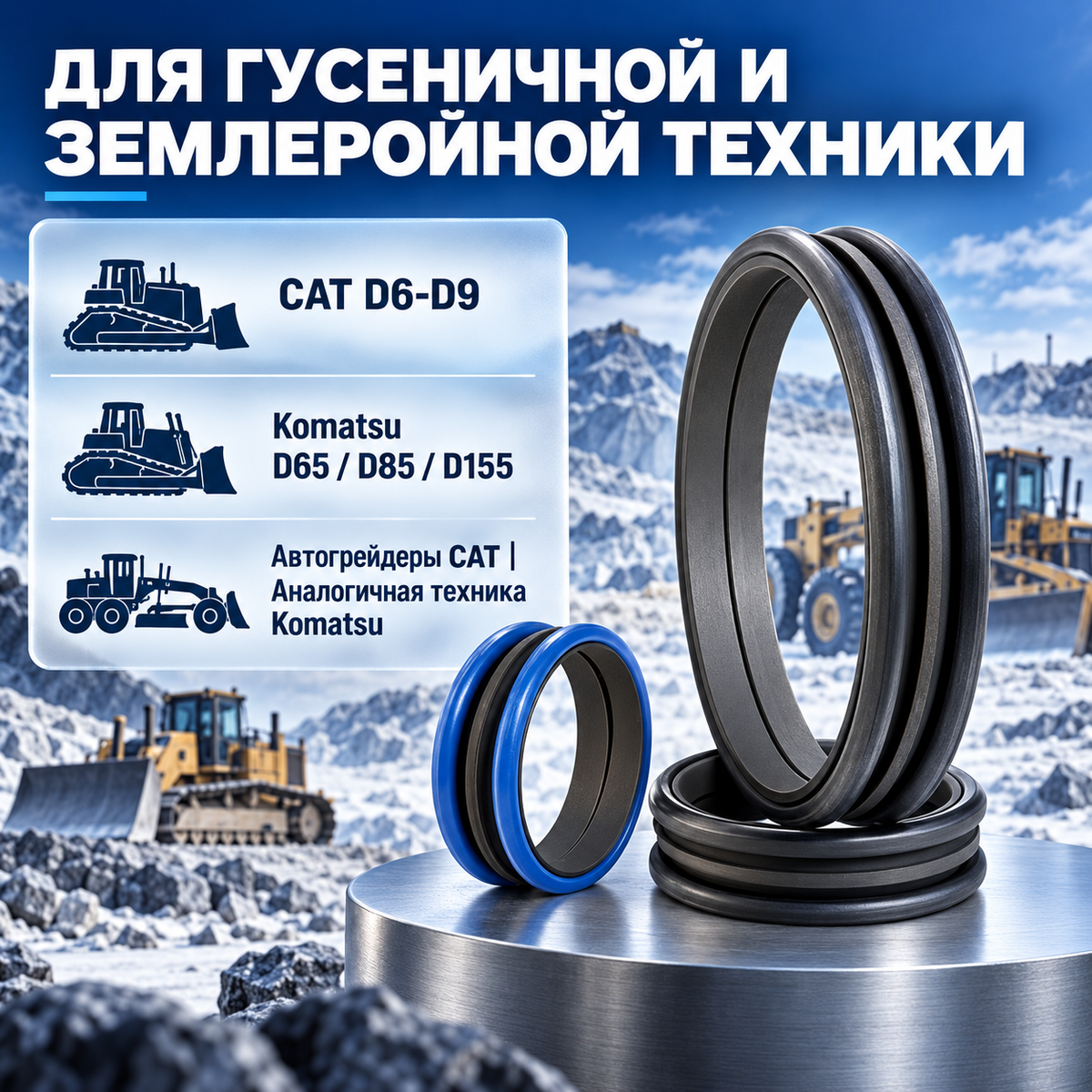 Floating face seal assembly, high chrome cast iron / tungsten carbide, FKM/FMVQ, for abrasive conditions in mud and water, CAT D6-D9, Komatsu D65/D85/D155, custom made