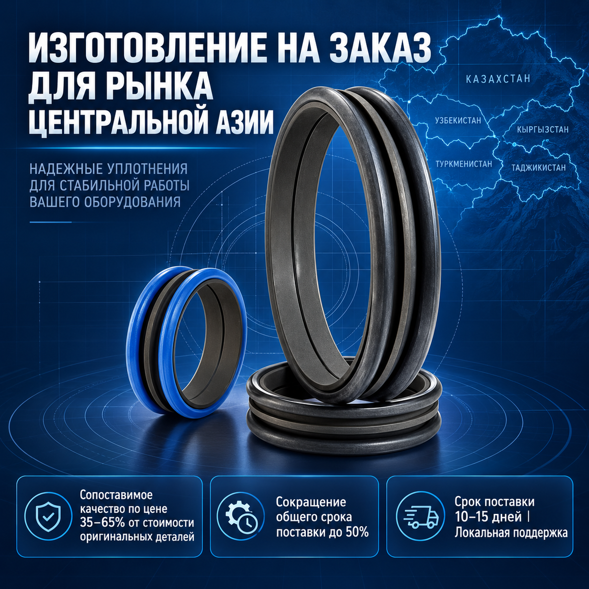 Floating face seal assembly, high chrome cast iron / tungsten carbide, FKM/FMVQ, for abrasive conditions in mud and water, CAT D6-D9, Komatsu D65/D85/D155, custom made