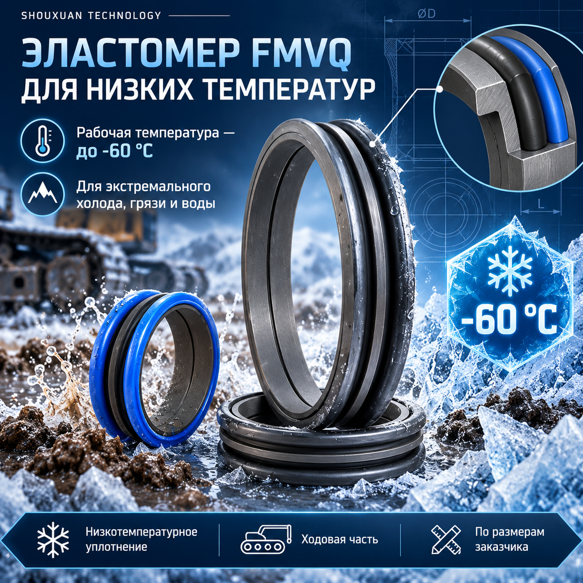 Floating face seal for extremely low temperatures, FMVQ down to -60°C, for operation in cold mud and water, CAT D6-D9, Komatsu D65/D85/D155, custom-made