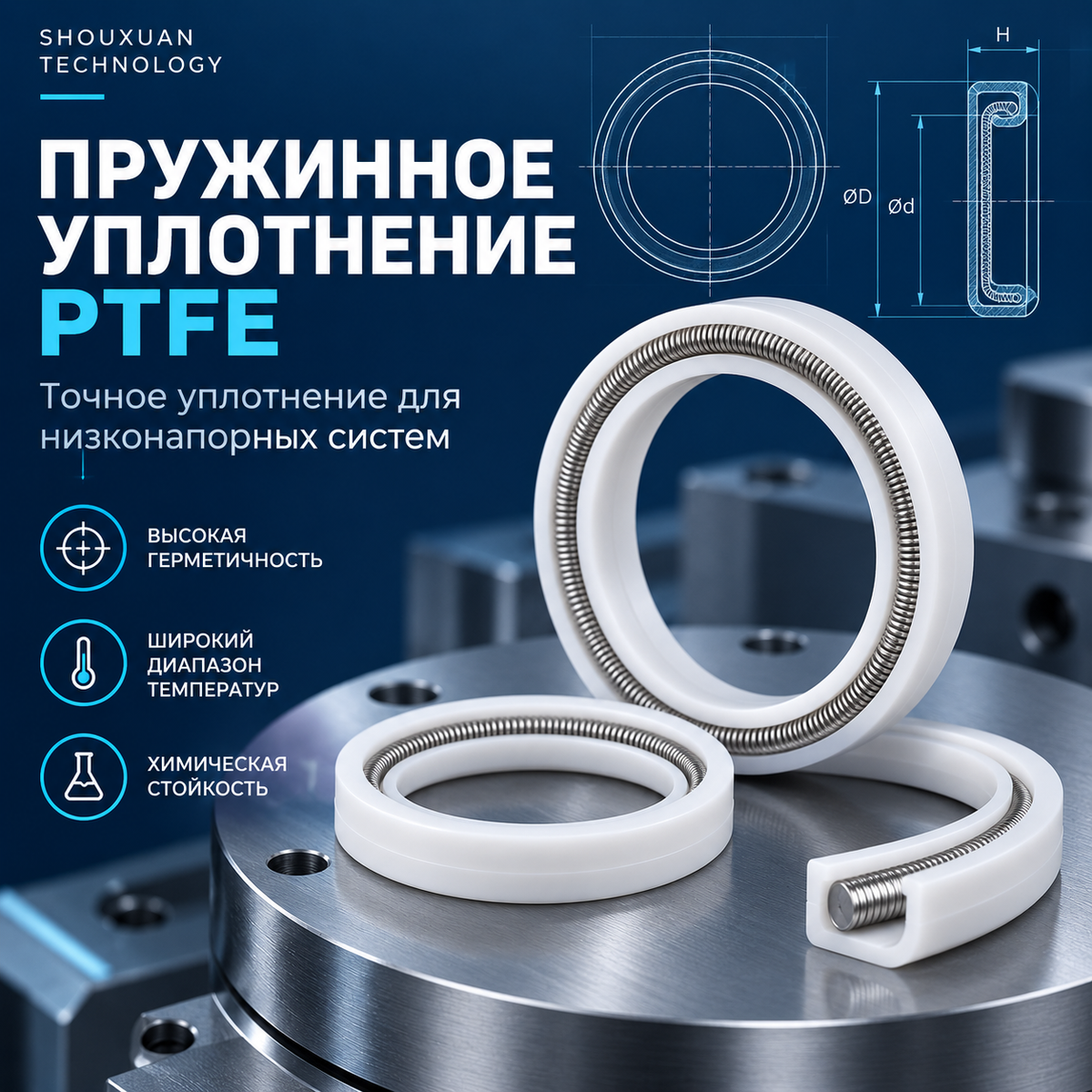 PTFE spring energized seal with a stainless steel spring for precision low-pressure systems