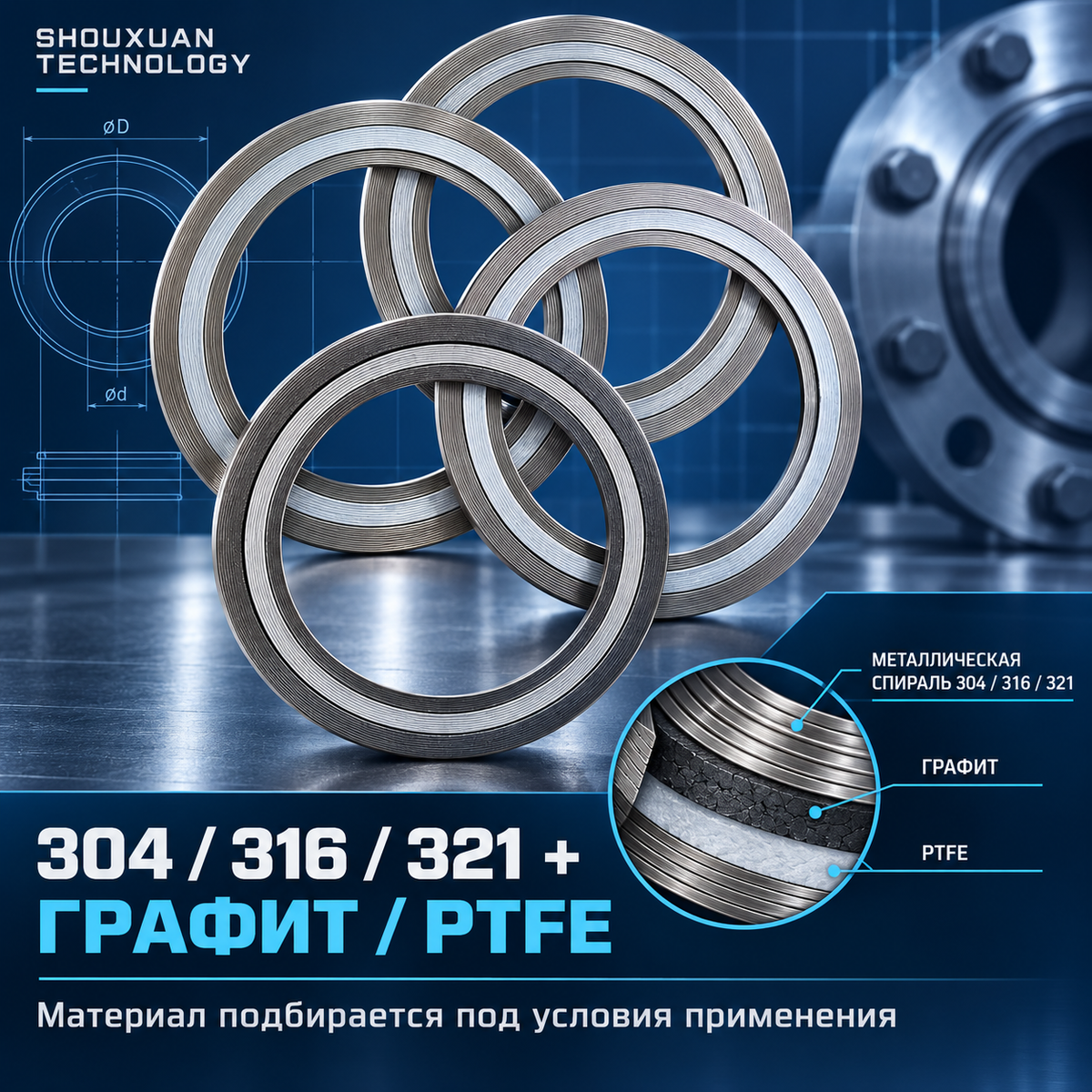 Spiral-wound gasket for flange connections, 304/316/321 + graphite/PTFE