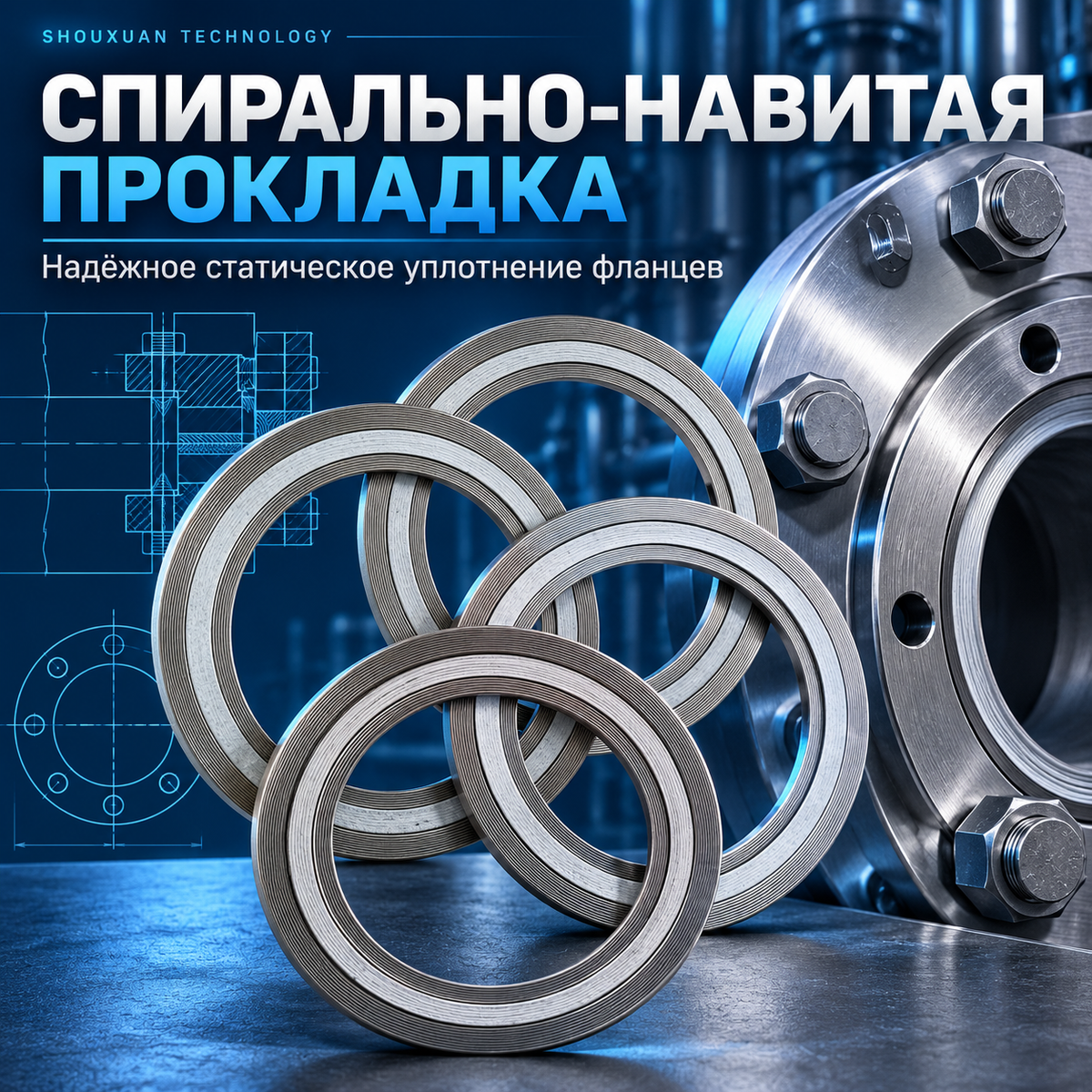 Spiral-wound gasket for flange connections, 304/316/321 + graphite/PTFE