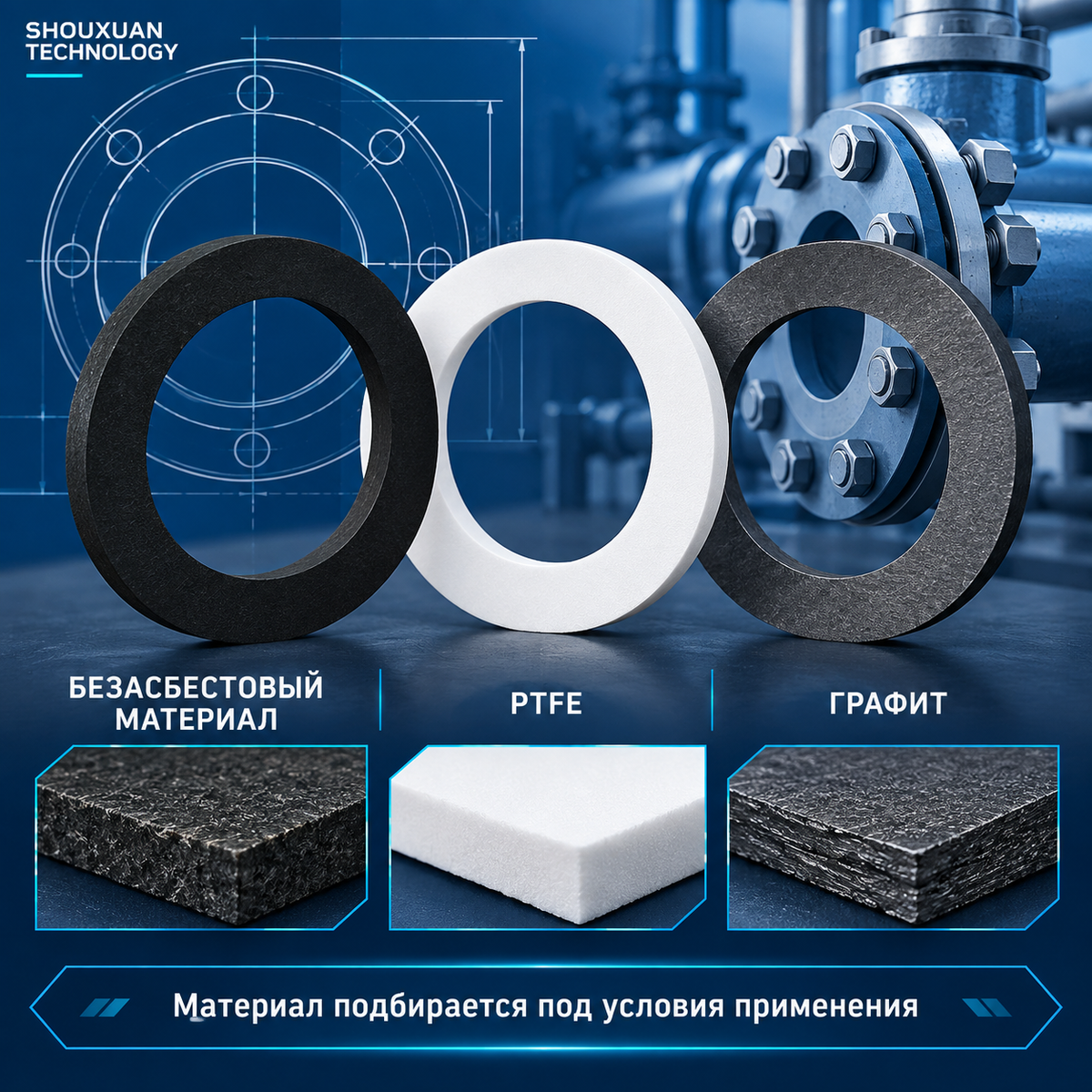 Non-metallic flat gasket for low-pressure flanges, non-asbestos material / PTFE / graphite