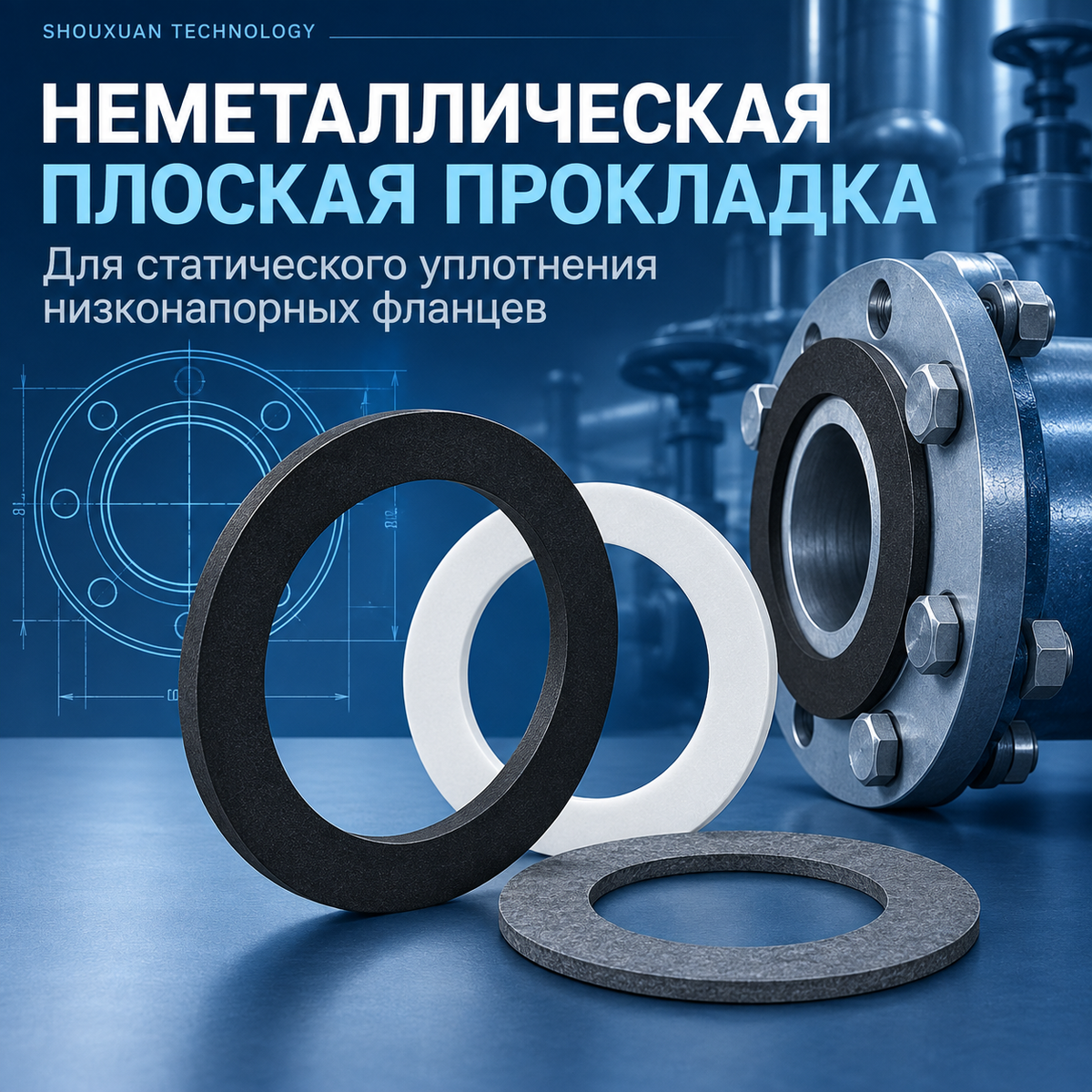 Non-metallic flat gasket for low-pressure flanges, non-asbestos material / PTFE / graphite