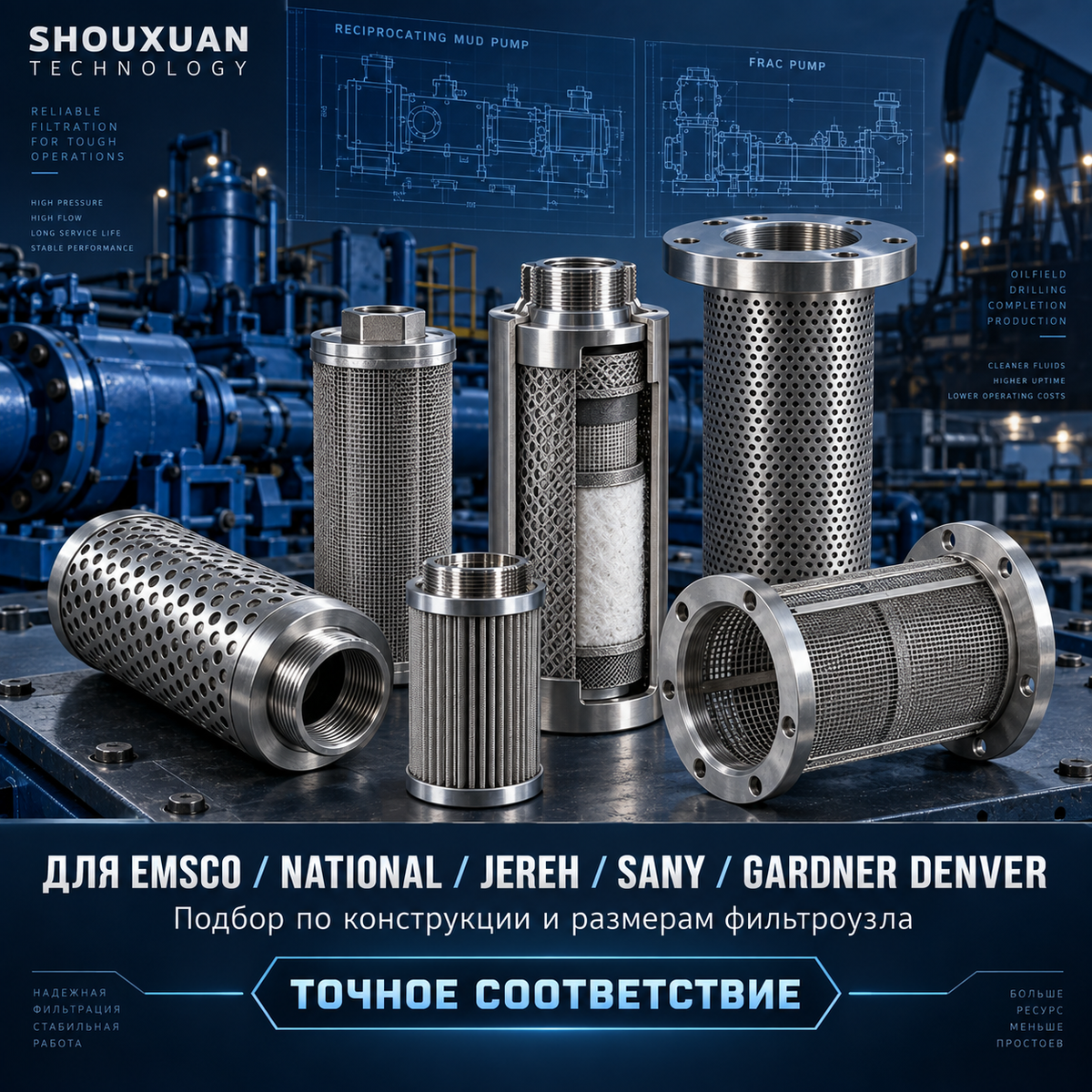 Filter element for valve assembly of drilling/fracturing pump, sintered mesh or fiberglass, 5–50 µm