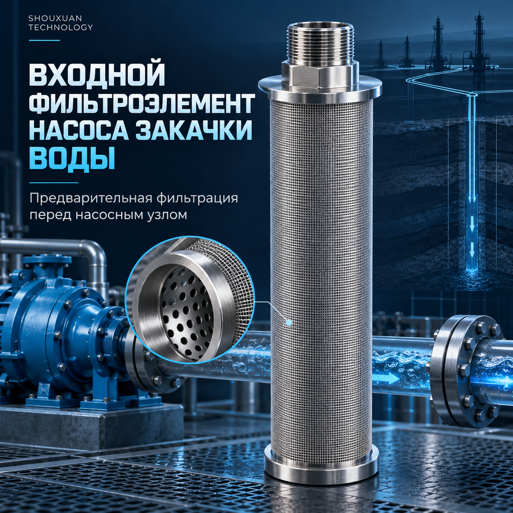 Входной фильтроэлемент насоса закачки воды, спечённая или щелевая сетка, 10–100 мкм
