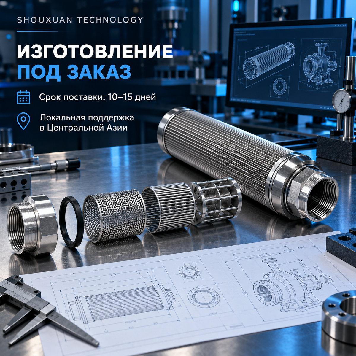 Входной фильтроэлемент насоса закачки воды, спечённая или щелевая сетка, 10–100 мкм