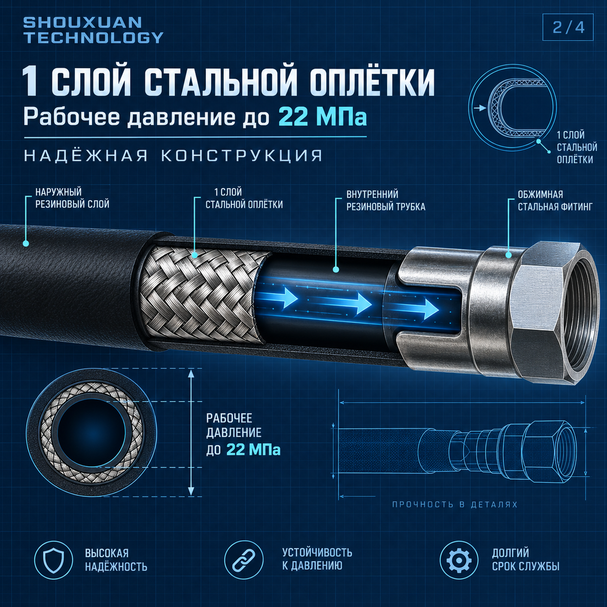 Рукав высокого давления 1SN в сборе, однооплёточный, рабочее давление до 22 МПа