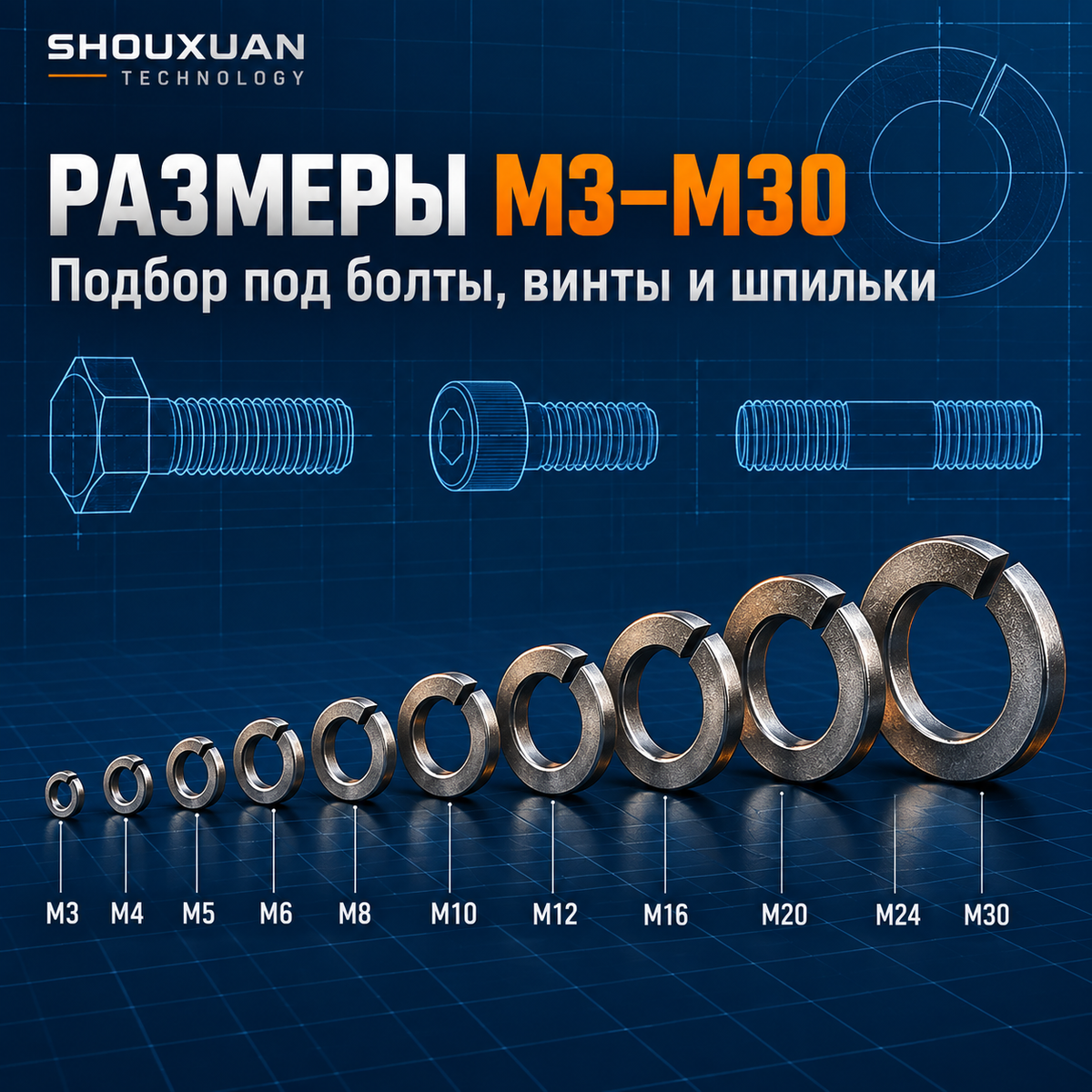 Spring washers 65Mn, M3–M30, for vibration-resistant connections