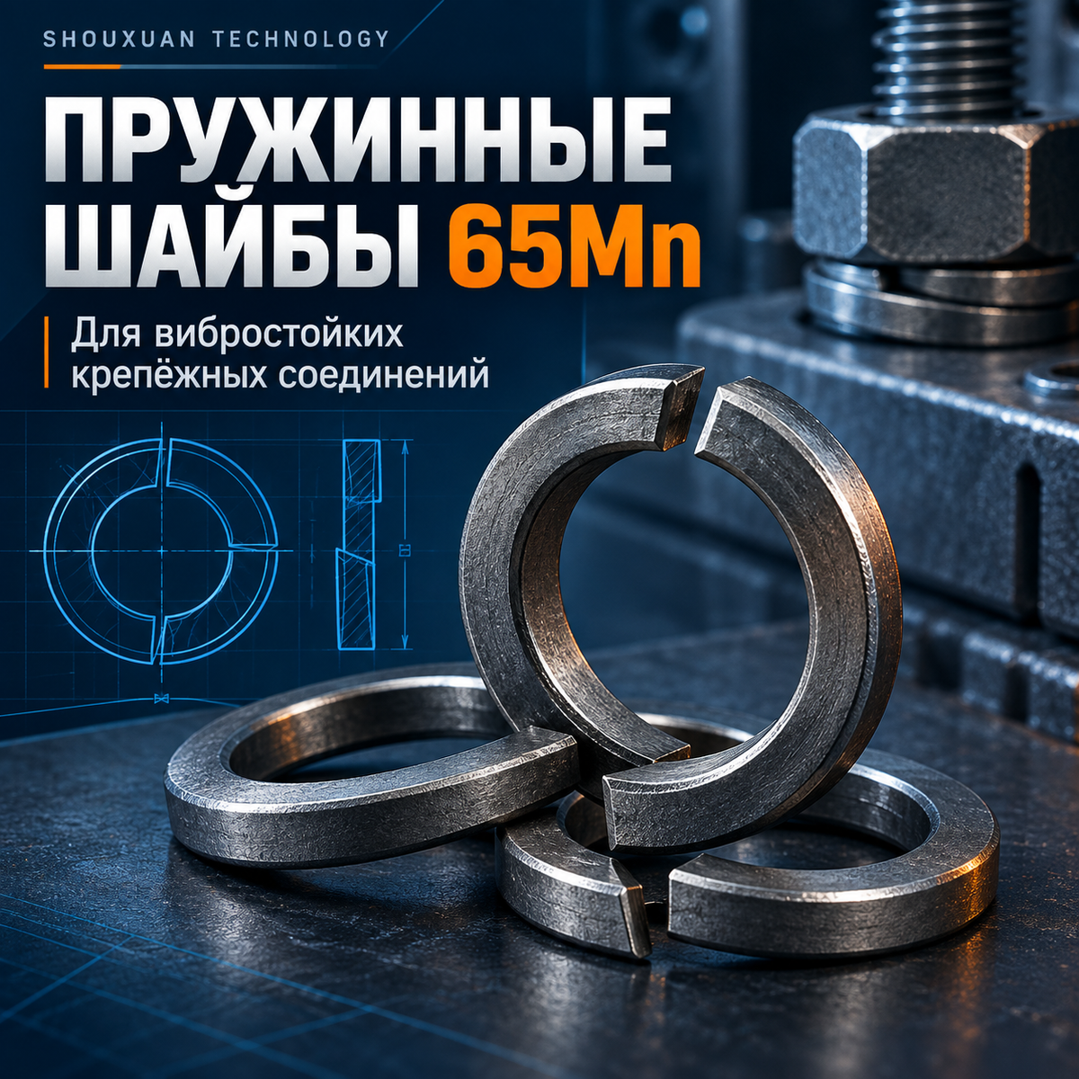 Spring washers 65Mn, M3–M30, for vibration-resistant connections