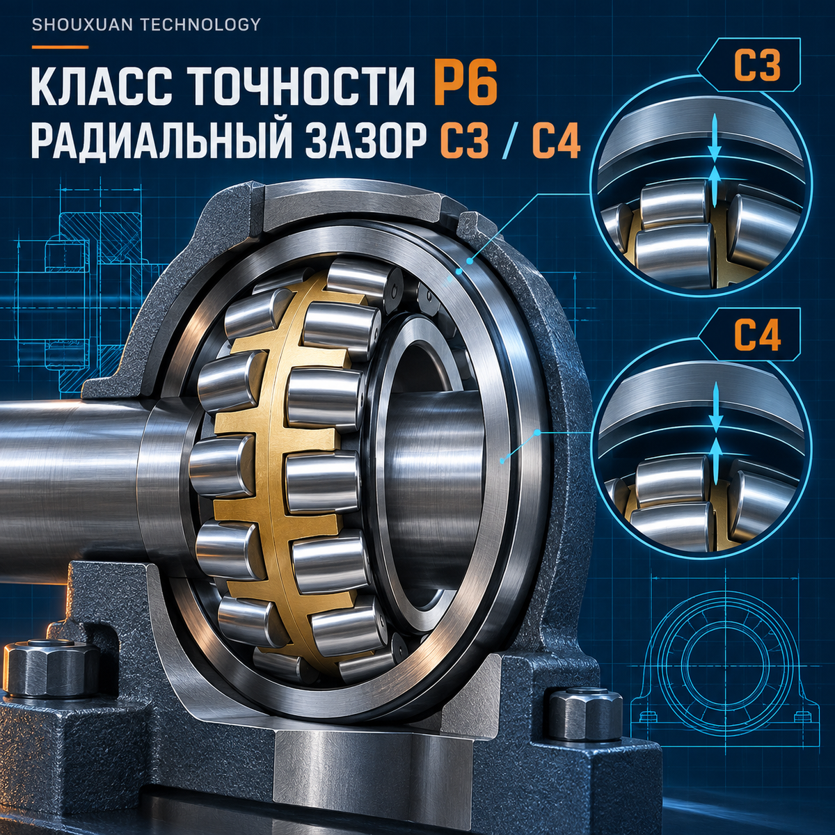 Spherical roller bearings P6, C3 / C4 clearance, brass cage, for heavy loads