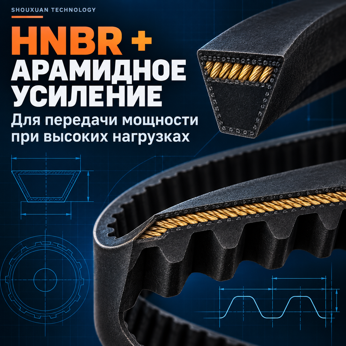 High-strength narrow V-belts and synchronous HNBR belts with aramid cord for heavy-duty drives