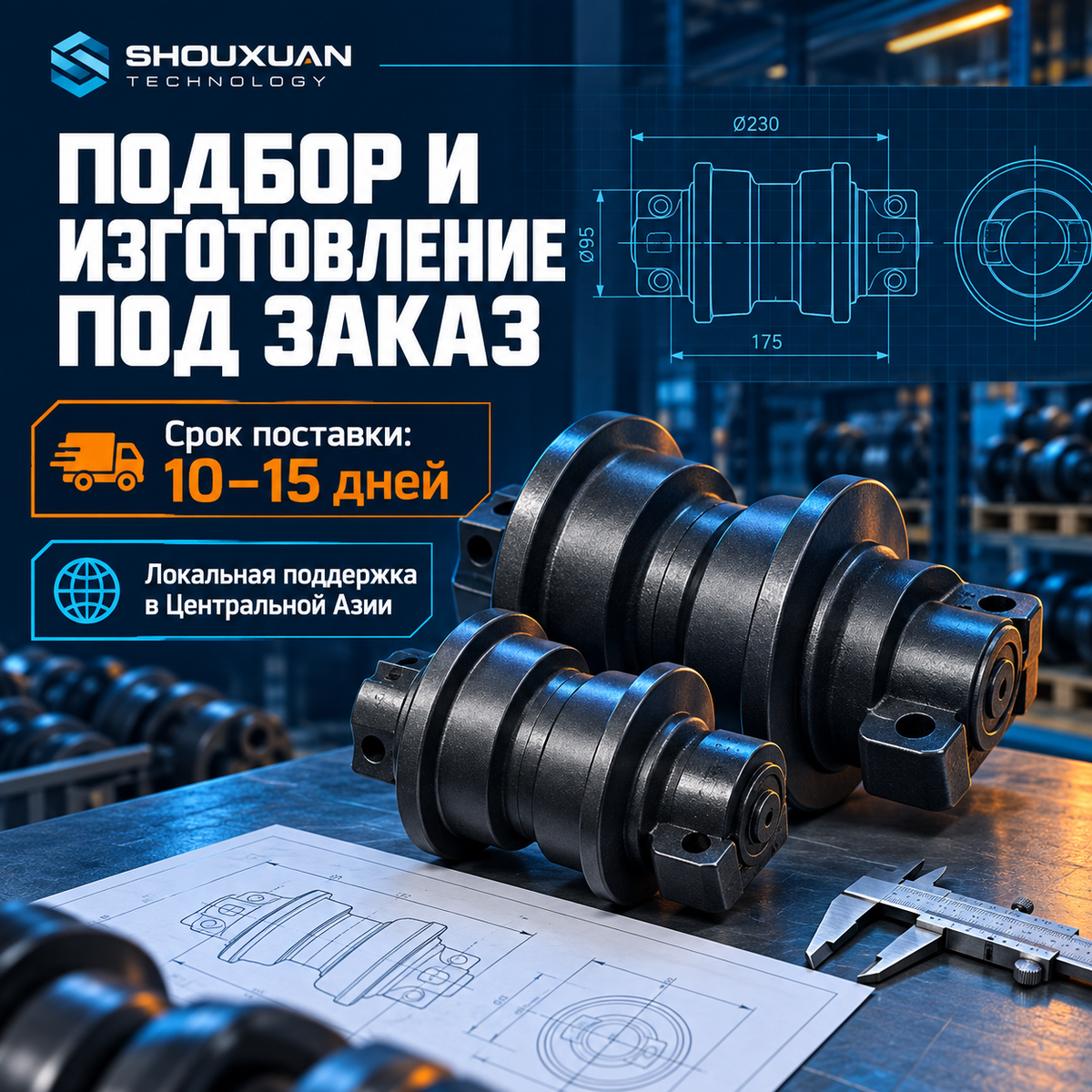 Track roller, forged steel, bronze bushing, HRC 50–55