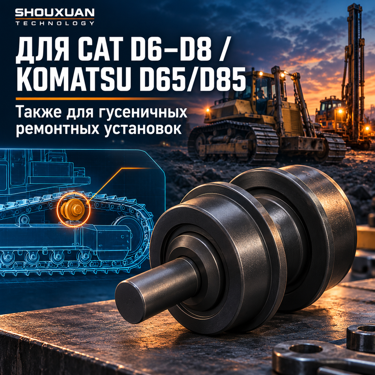 Idler wheel for track-type undercarriage, forged hardened steel, for CAT and Komatsu